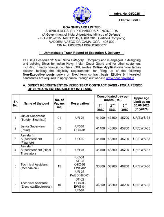 (free job alert )GSL ನೇಮಕಾತಿ 2025: ಗೋವಾ ಶಿಪ್‌ಯಾರ್ಡ್‌ನಲ್ಲಿ 102 ಹುದ್ದೆಗಳ ಉದ್ಯೋಗಾವಕಾಶ | ಇಂದೇ ಅರ್ಜಿ ಸಲ್ಲಿಸಿ