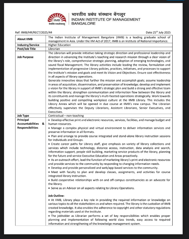 karnataka government jobs 2025 IIMB ಗ್ರಂಥಪಾಲಕ ನೇಮಕಾತಿ 2025: ಉತ್ತಮ ಸಂಬಳ, ಅನುಭವಕ್ಕೆ ಆದ್ಯತೆ – ಇಂದೇ ಅರ್ಜಿ ಹಾಕಿ!