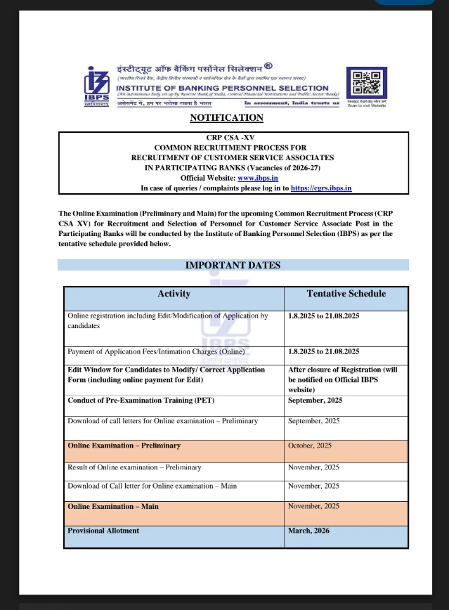 IBPS Clerk IBPS ನೇಮಕಾತಿ 2025: 10277 ಗ್ರಾಹಕ ಸೇವಾ ಸಹಾಯಕ ಹುದ್ದೆಗಳು – ಅರ್ಜಿ, ಅರ್ಹತೆ, ಪರೀಕ್ಷಾ ವಿವರ